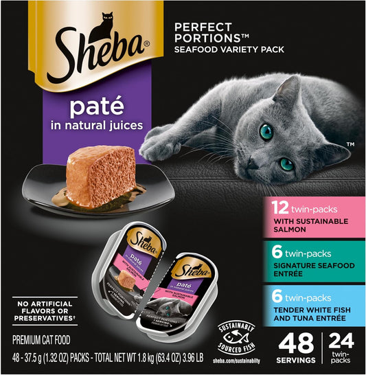 Perfect Portions Wet Cat Food Pate with Sustainable Salmon, Signature Seafood Entree, and Tender Whitefish and Tuna Entree Variety Pack, 2.6 Oz. Twin Pack Trays (24 Count, 48 Servings)