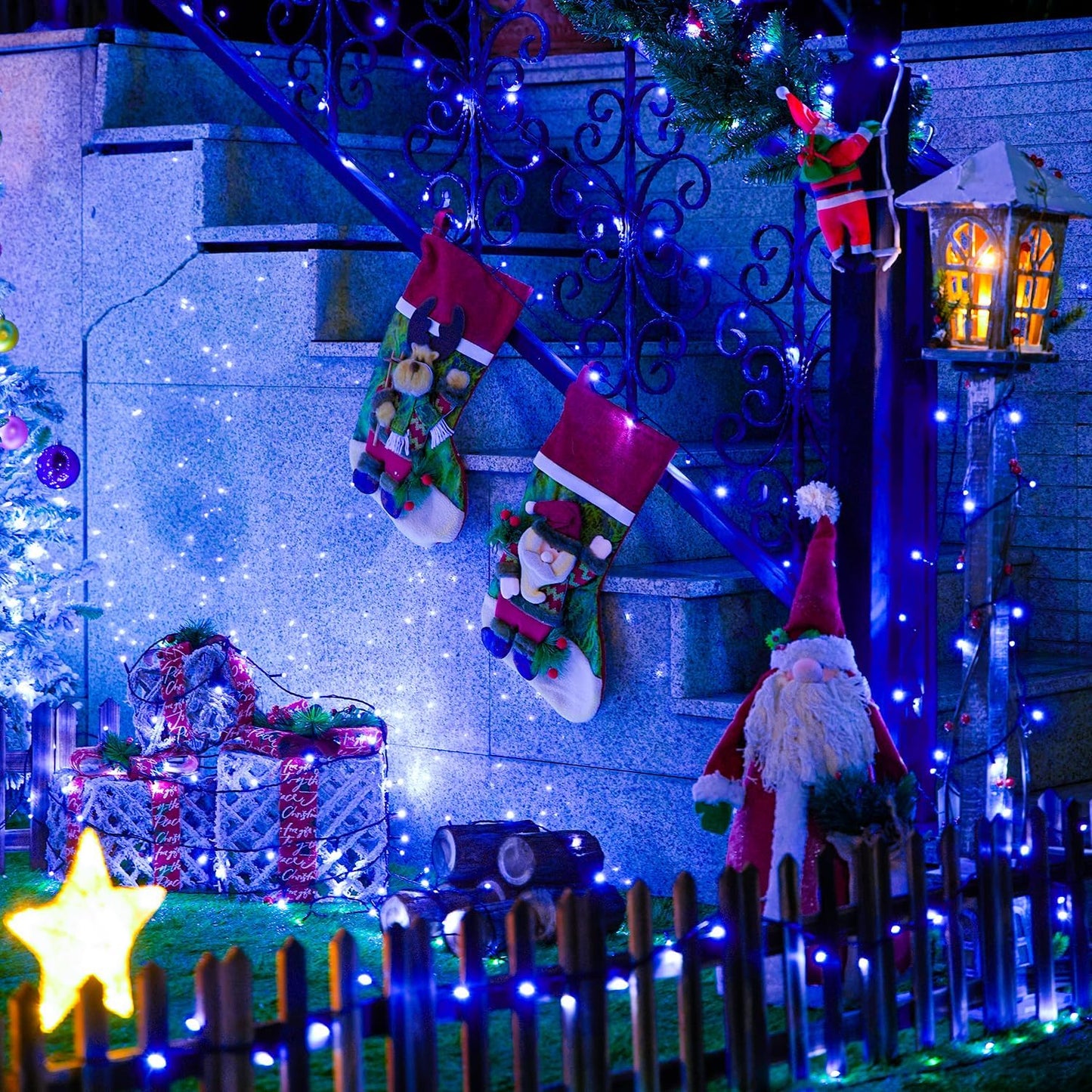 250 LED Blue Christmas Lights: 91.5Ft Extendable Green Wire Blue String Lights Outdoor Waterproof - 8 Modes Christmas Tree Light Indoor