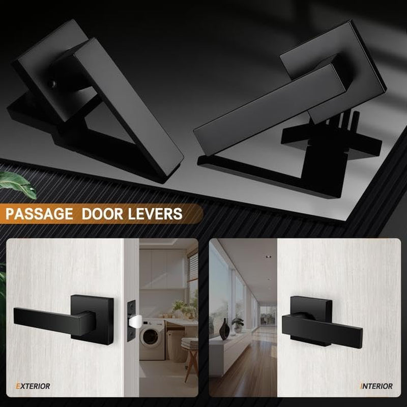 10 Pack| Matte Black Passage Door Levers Interior Heavy Duty Square Door Handles, Hall/Closet Non-Locking Door Levers for Pantry Utility Room, Contractor Pack
