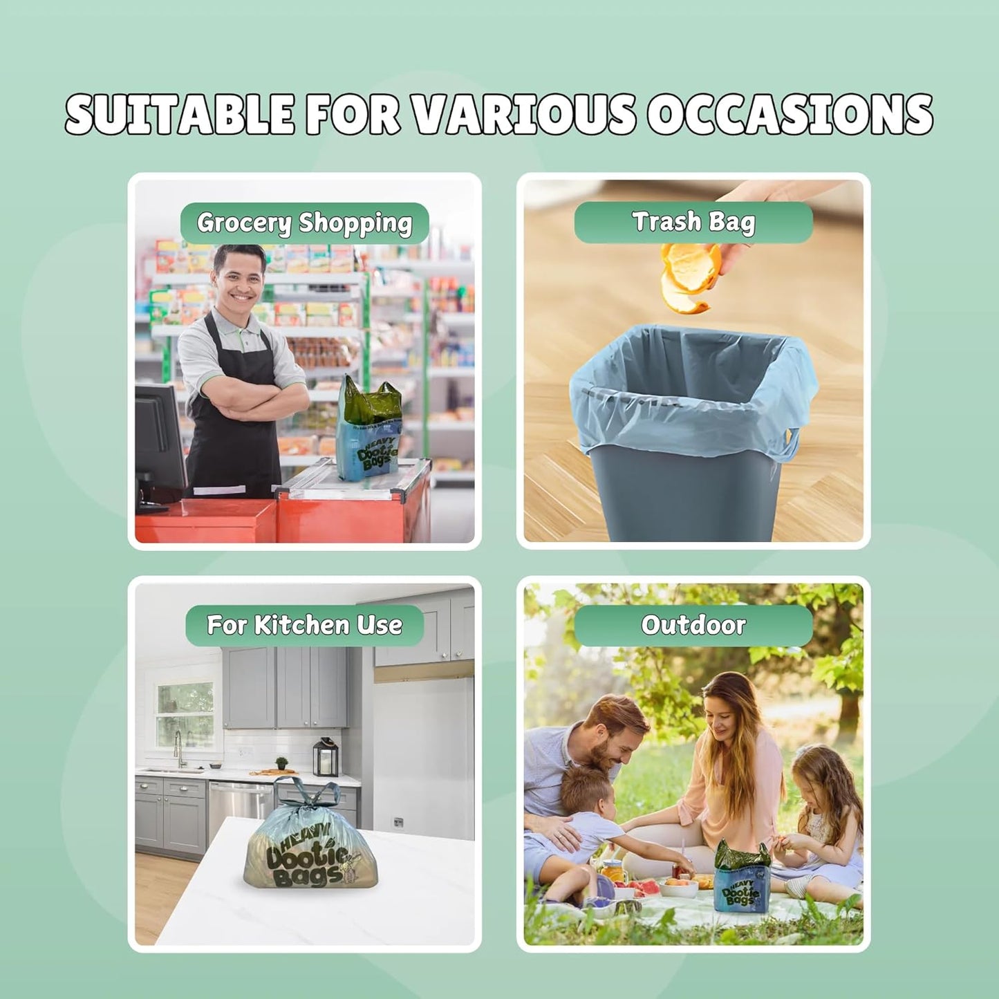 HEAVY Dootie Bags with EZ Tie Handles. Clean and Convenient for Pet Dog Poop, Cat Litter. Multi-Use. Great for Swivel Bin and  Scoopers. Made with Cornstarch. Strong, Leakproof and Very Large