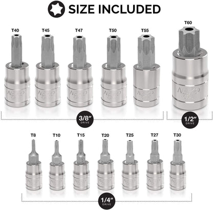 10073A Tamper Proof Torx Bit Socket Set |13-Piece | S2 Steel Bits & Cr-V Steel Sockets | TT8 – TT60
