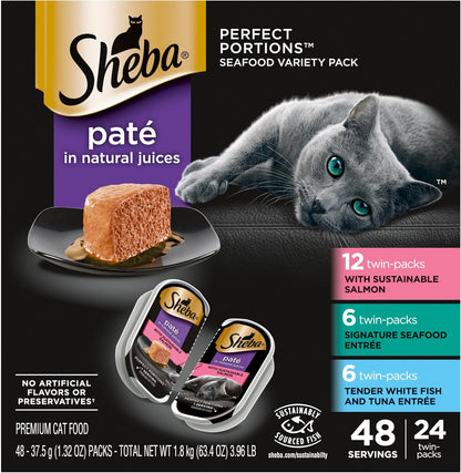 Perfect Portions Wet Cat Food Pate with Sustainable Salmon, Signature Seafood Entree, and Tender Whitefish and Tuna Entree Variety Pack, 2.6 Oz. Twin Pack Trays (24 Count, 48 Servings)