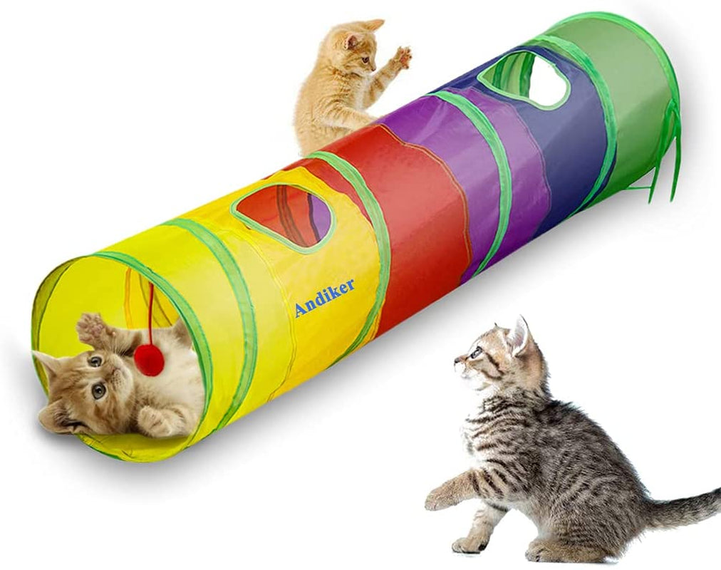 Cat Tunnel for Indoor Cats, 45" Long Rainbow Collapsible Kitten Tube with a Fun Ball and 2 Holes Cat Play Tunnel, Rabbit Tunnel for Kittens Exercising Hiding Training and Running(Colorful)
