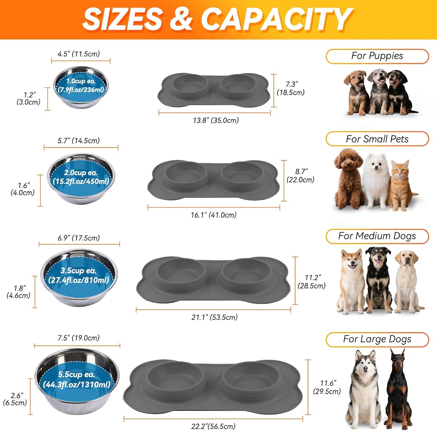 Dog Bowls, Dog Food Bowls, Stainless Steel Cat Puppy Water Bowls with Non Spill Skid Resistant Silicone Mat, Medium, Black